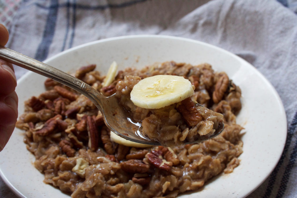 Banana Nut Oatmeal with cinnamon and pecans